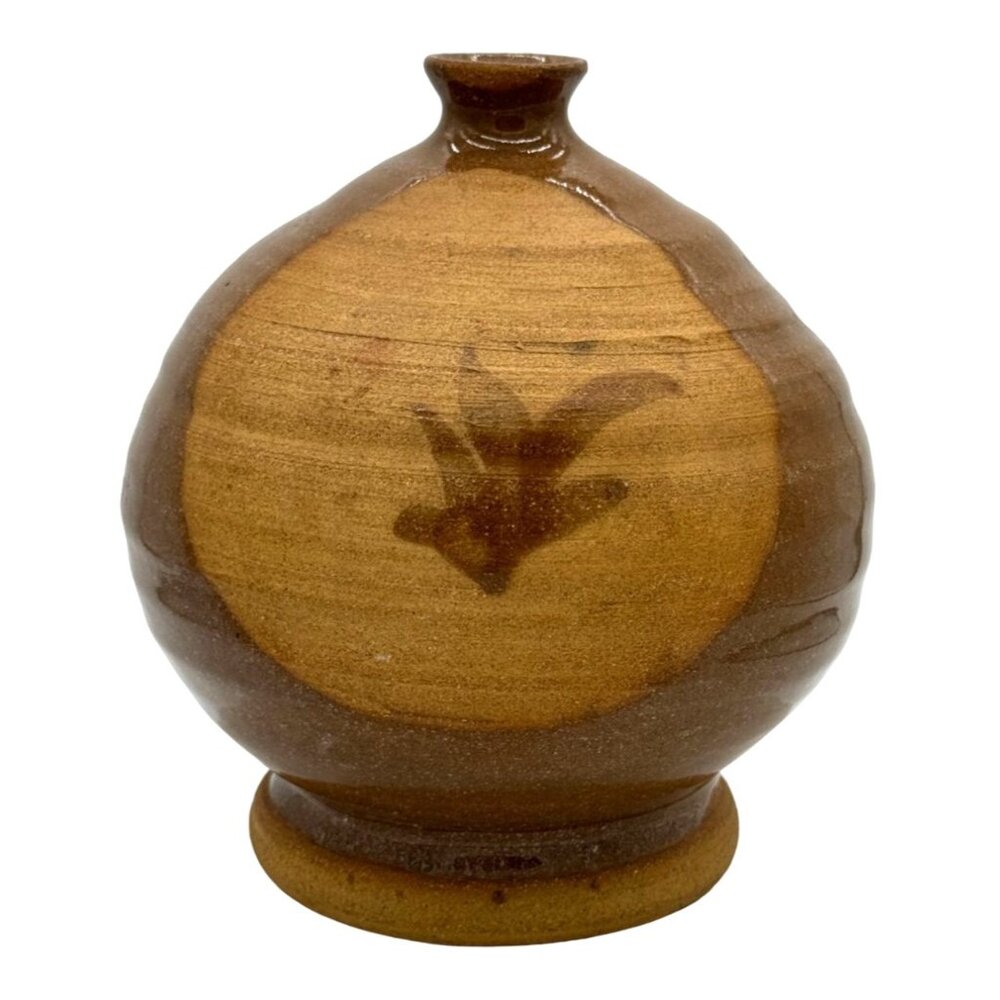 Vintage Hand Thrown Brown Glazed Round Bud Vase Signed R.N. 1991